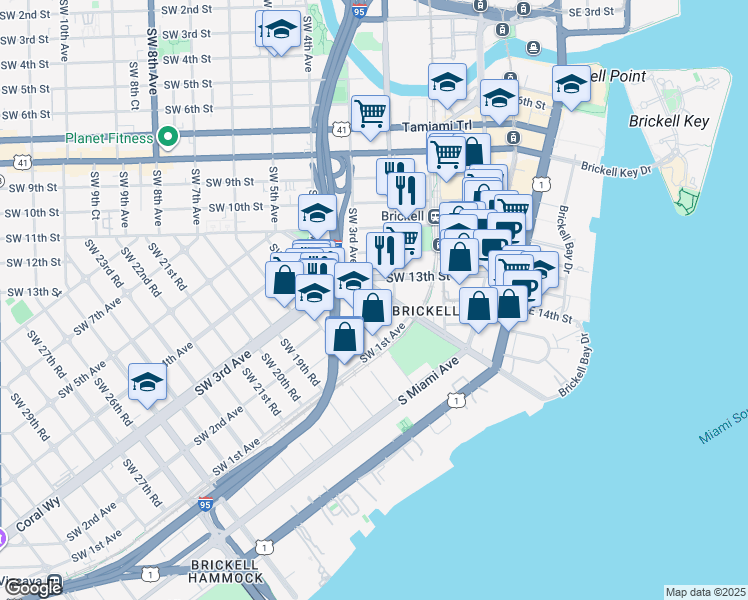 map of restaurants, bars, coffee shops, grocery stores, and more near 200 Southwest 13th Street in Miami