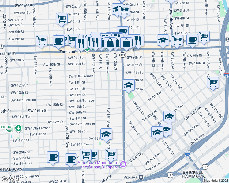 map of restaurants, bars, coffee shops, grocery stores, and more near 1250 Southwest 12th Court in Miami