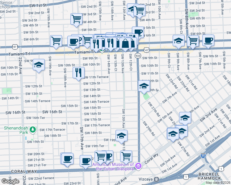 map of restaurants, bars, coffee shops, grocery stores, and more near 1313 Southwest 13th Street in Miami