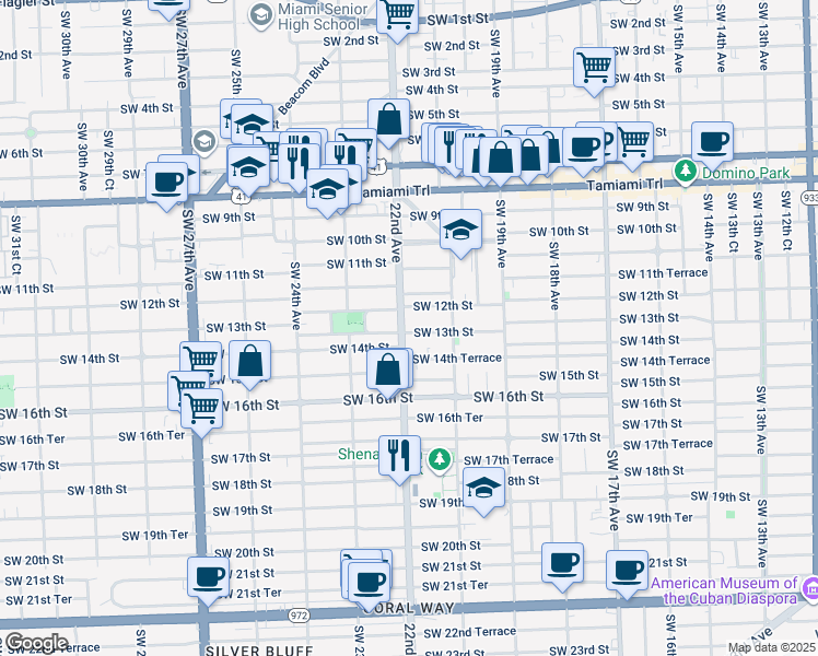 map of restaurants, bars, coffee shops, grocery stores, and more near 1203 Southwest 22nd Avenue in Miami