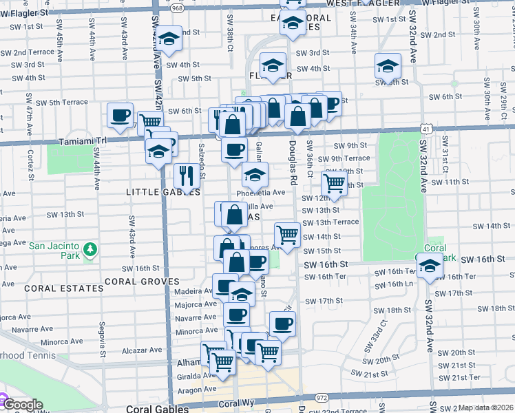 map of restaurants, bars, coffee shops, grocery stores, and more near 110 Phoenetia Avenue in Coral Gables