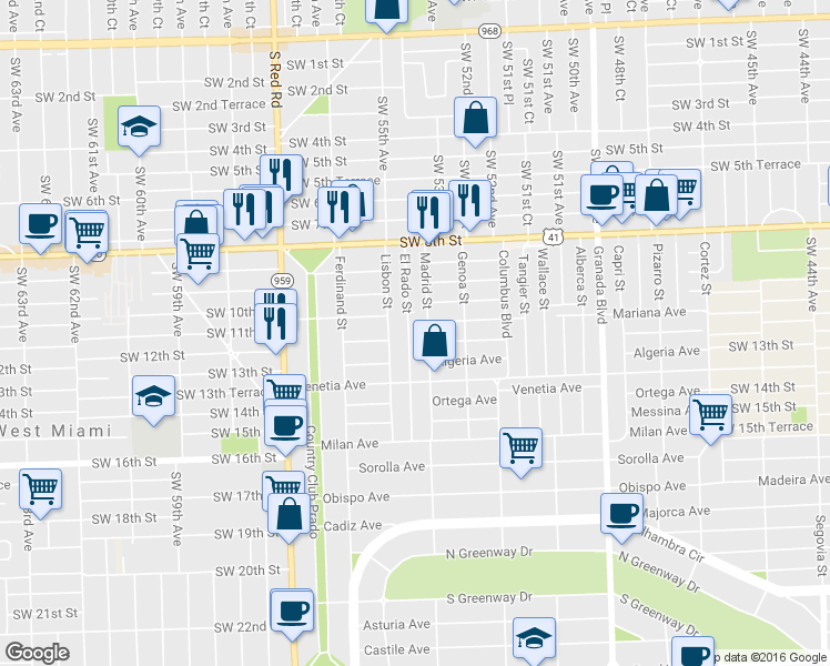 map of restaurants, bars, coffee shops, grocery stores, and more near 1100 El Rado Street in Coral Gables