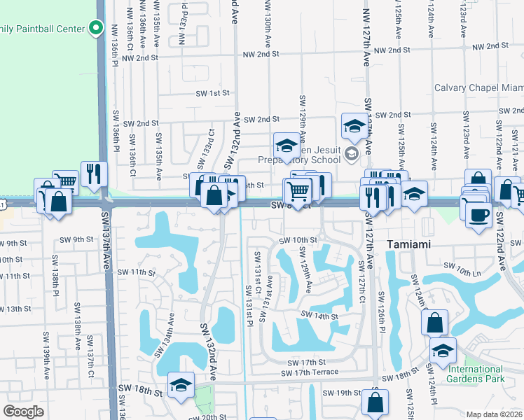 map of restaurants, bars, coffee shops, grocery stores, and more near 850 Southwest 129th Place in Miami