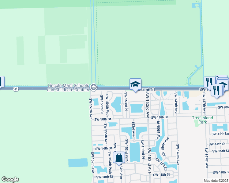 map of restaurants, bars, coffee shops, grocery stores, and more near 15381 Southwest 8th Lane in Miami