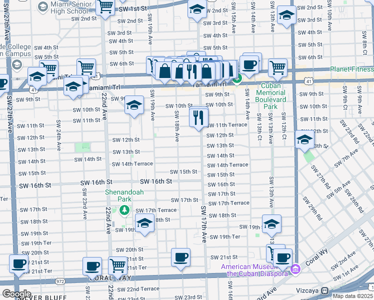 map of restaurants, bars, coffee shops, grocery stores, and more near 1721 Southwest 13th Street in Miami