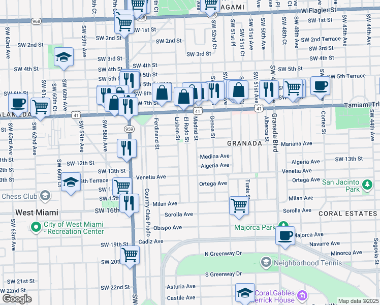 map of restaurants, bars, coffee shops, grocery stores, and more near 1100 El Rado Street in Coral Gables