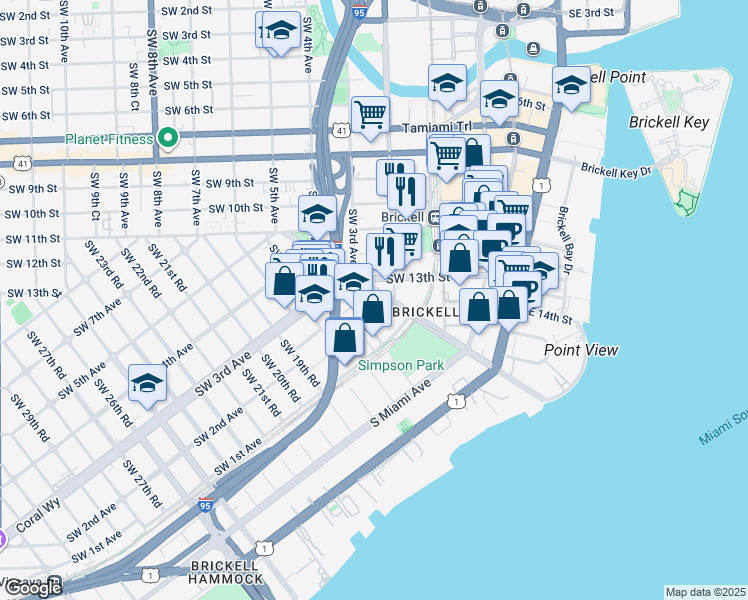 map of restaurants, bars, coffee shops, grocery stores, and more near 200 Southwest 13th Street in Miami