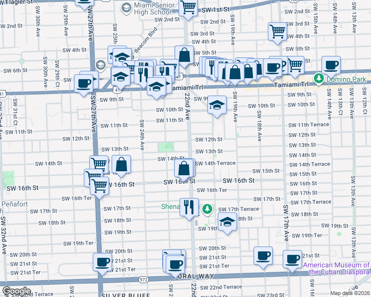map of restaurants, bars, coffee shops, grocery stores, and more near 1203 Southwest 22nd Avenue in Miami