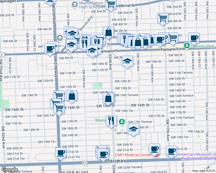 map of restaurants, bars, coffee shops, grocery stores, and more near 1203 Southwest 22nd Avenue in Miami