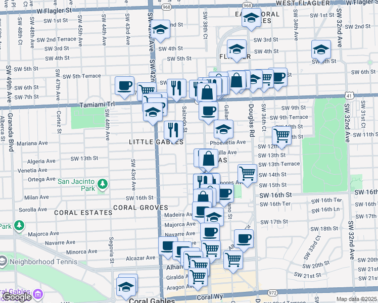 map of restaurants, bars, coffee shops, grocery stores, and more near 234 Phoenetia Avenue in Coral Gables