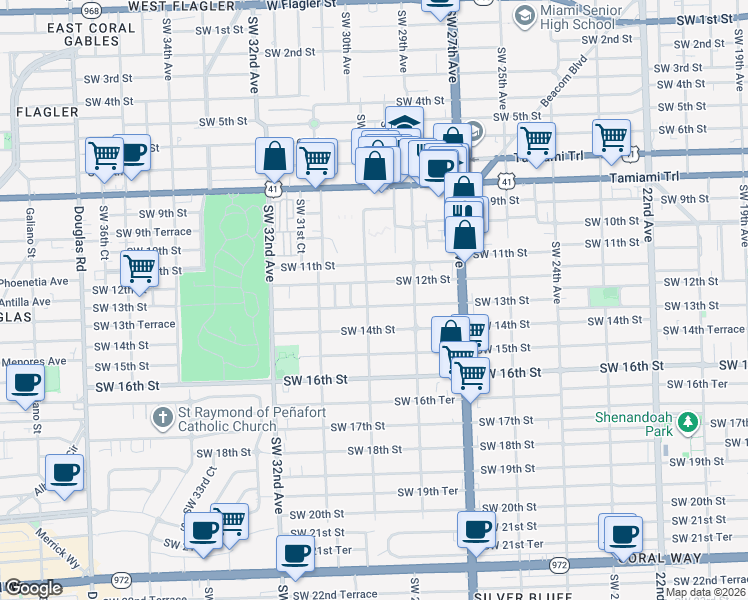 map of restaurants, bars, coffee shops, grocery stores, and more near 1221 Southwest 30th Avenue in Miami