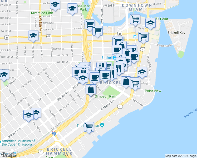 map of restaurants, bars, coffee shops, grocery stores, and more near 200 Southwest 13th Street in Miami