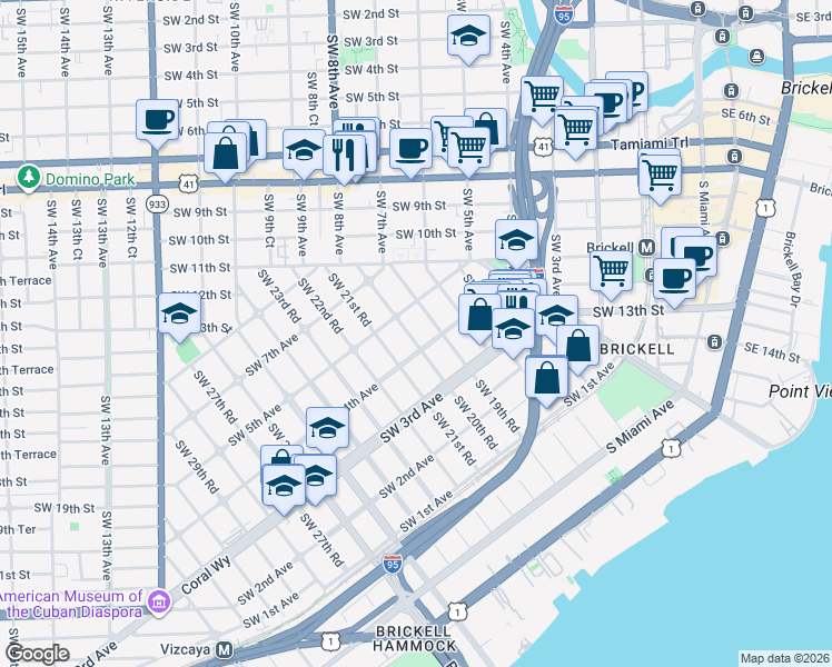 map of restaurants, bars, coffee shops, grocery stores, and more near 456 Southwest 20th Road in Miami