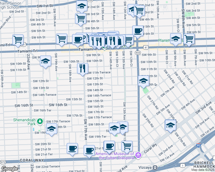 map of restaurants, bars, coffee shops, grocery stores, and more near 1401 Southwest 13th Street in Miami