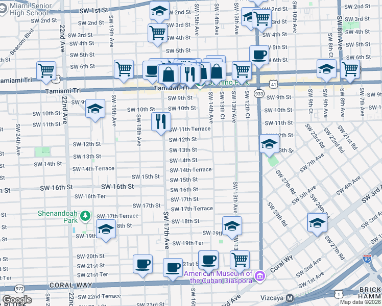 map of restaurants, bars, coffee shops, grocery stores, and more near in Miami