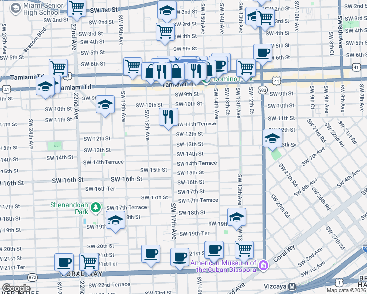 map of restaurants, bars, coffee shops, grocery stores, and more near 1653 Southwest 13th Street in Miami