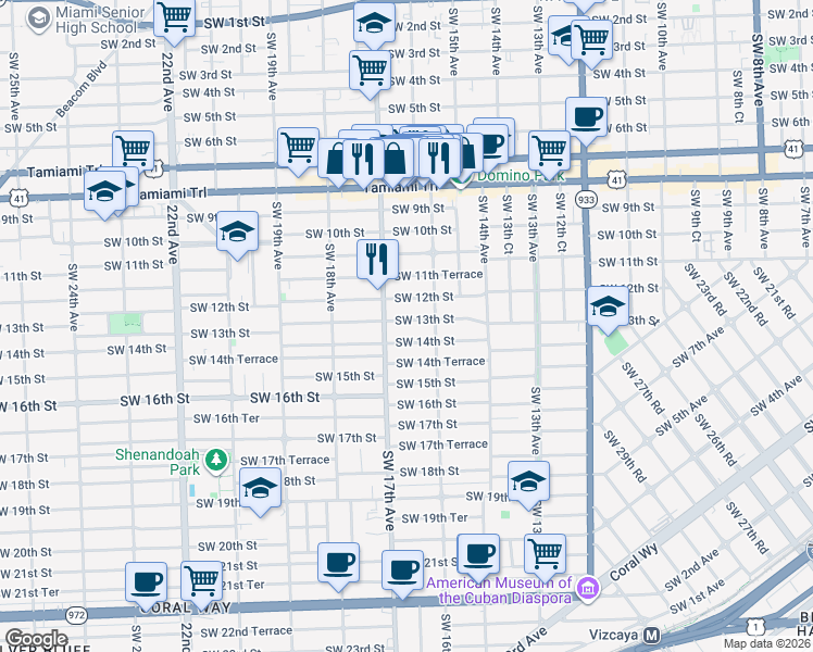 map of restaurants, bars, coffee shops, grocery stores, and more near 1653 Southwest 13th Street in Miami