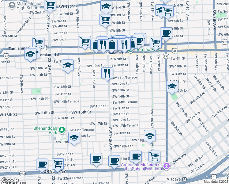 map of restaurants, bars, coffee shops, grocery stores, and more near 1653 Southwest 13th Street in Miami