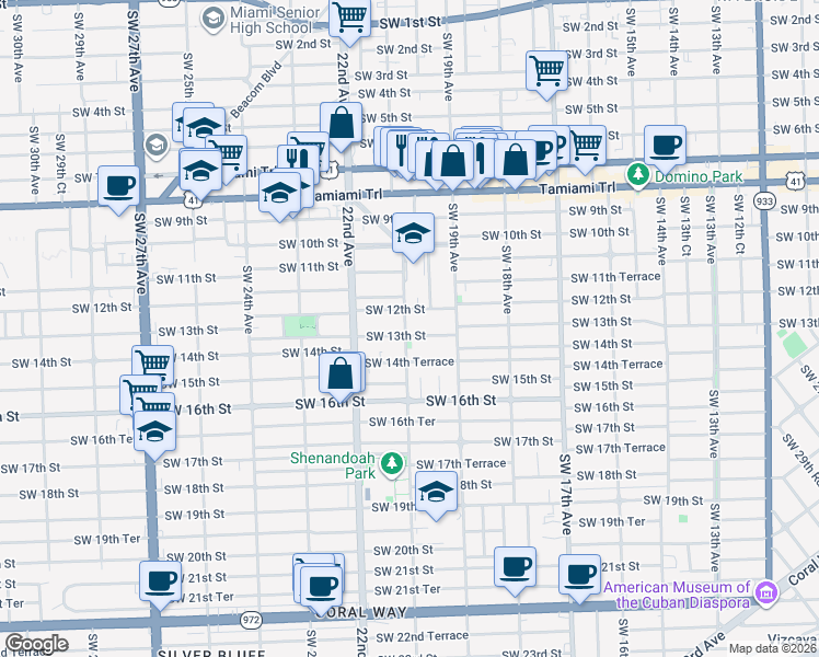 map of restaurants, bars, coffee shops, grocery stores, and more near 2134 Southwest 12th Street in Miami
