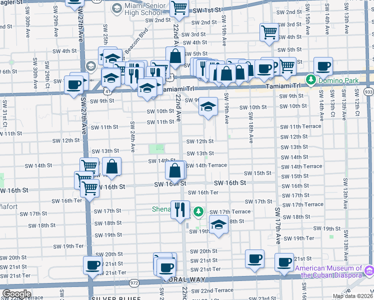 map of restaurants, bars, coffee shops, grocery stores, and more near 1203 Southwest 22nd Avenue in Miami