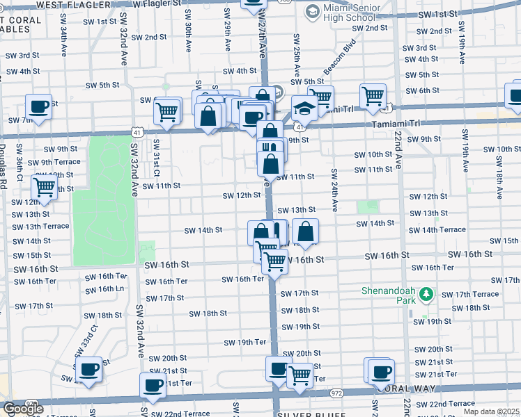 map of restaurants, bars, coffee shops, grocery stores, and more near 2731 Southwest 13th Street in Miami