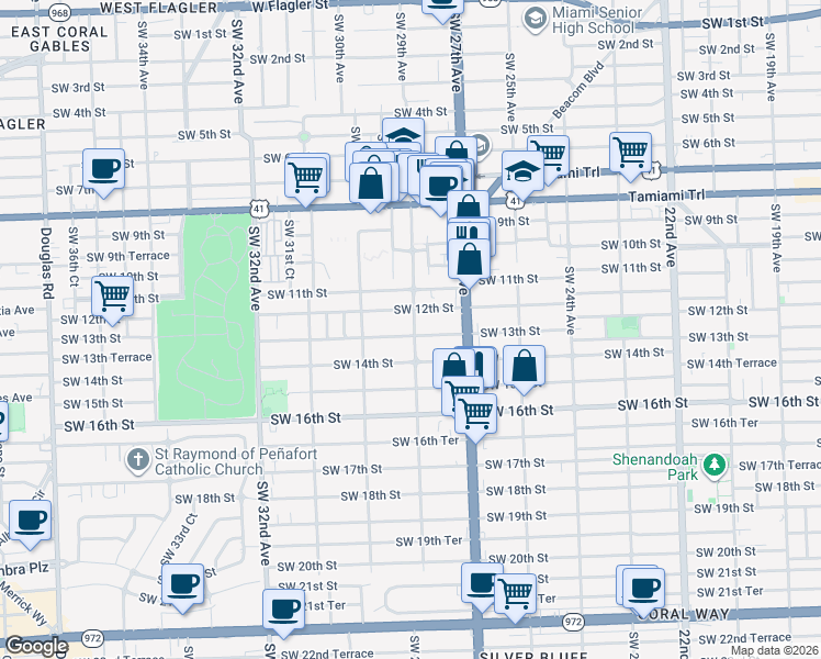 map of restaurants, bars, coffee shops, grocery stores, and more near 1202 Southwest 29th Avenue in Miami