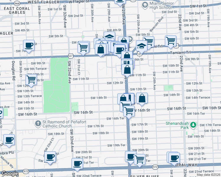 map of restaurants, bars, coffee shops, grocery stores, and more near 2910 Southwest 12th Street in Miami