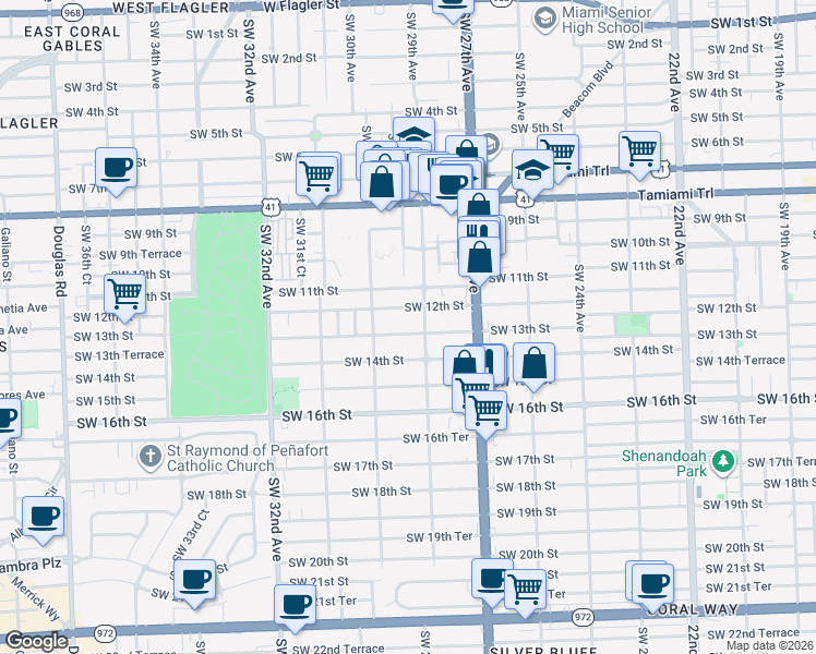 map of restaurants, bars, coffee shops, grocery stores, and more near 1202 Southwest 29th Avenue in Miami
