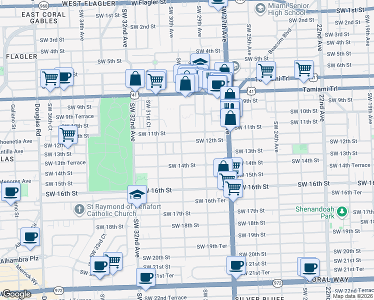 map of restaurants, bars, coffee shops, grocery stores, and more near 1221 Southwest 30th Avenue in Miami
