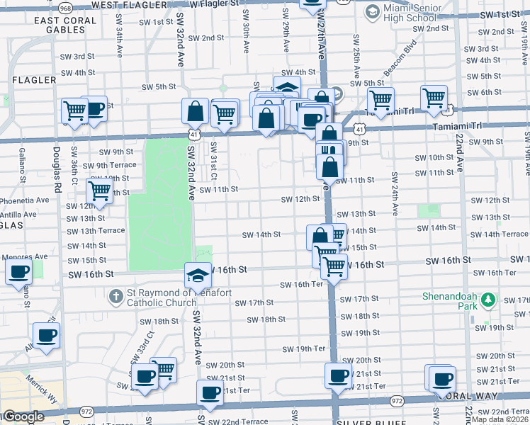 map of restaurants, bars, coffee shops, grocery stores, and more near 1221 Southwest 30th Avenue in Miami