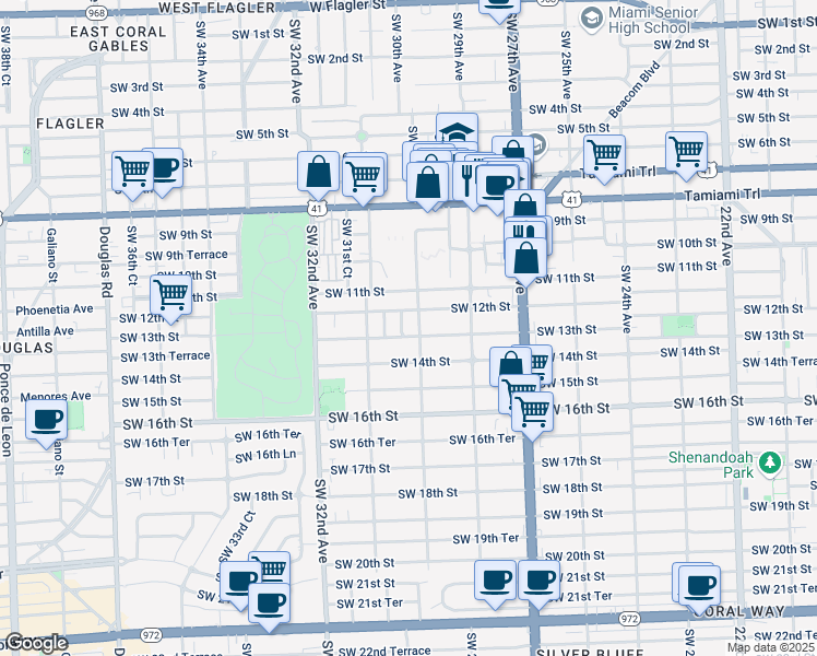 map of restaurants, bars, coffee shops, grocery stores, and more near 1221 Southwest 30th Avenue in Miami