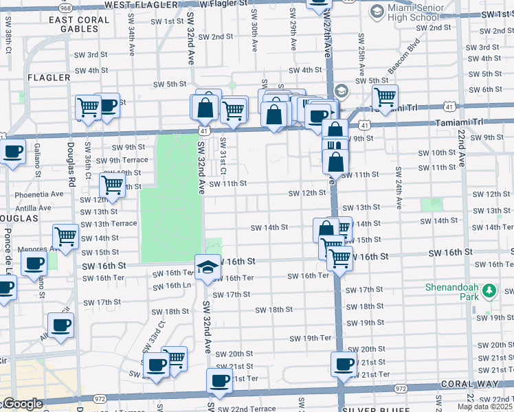 map of restaurants, bars, coffee shops, grocery stores, and more near 1221 Southwest 30th Place in Miami