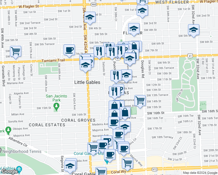 map of restaurants, bars, coffee shops, grocery stores, and more near 234 Phoenetia Avenue in Coral Gables