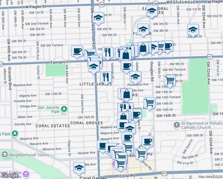 map of restaurants, bars, coffee shops, grocery stores, and more near 234 Phoenetia Avenue in Coral Gables