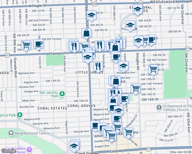 map of restaurants, bars, coffee shops, grocery stores, and more near 4050 Southwest 11th Street in Coral Gables