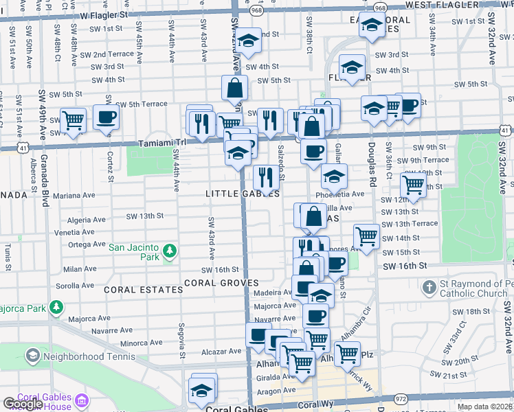 map of restaurants, bars, coffee shops, grocery stores, and more near 4050 Southwest 11th Street in Coral Gables