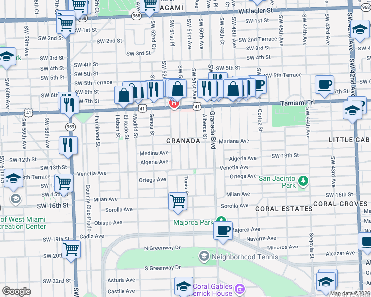 map of restaurants, bars, coffee shops, grocery stores, and more near 1100 Tangier Street in Coral Gables