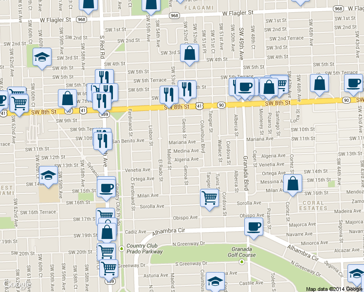 map of restaurants, bars, coffee shops, grocery stores, and more near 1252 Mariana Avenue in Coral Gables