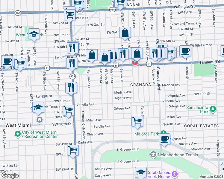 map of restaurants, bars, coffee shops, grocery stores, and more near 1252 Mariana Avenue in Coral Gables