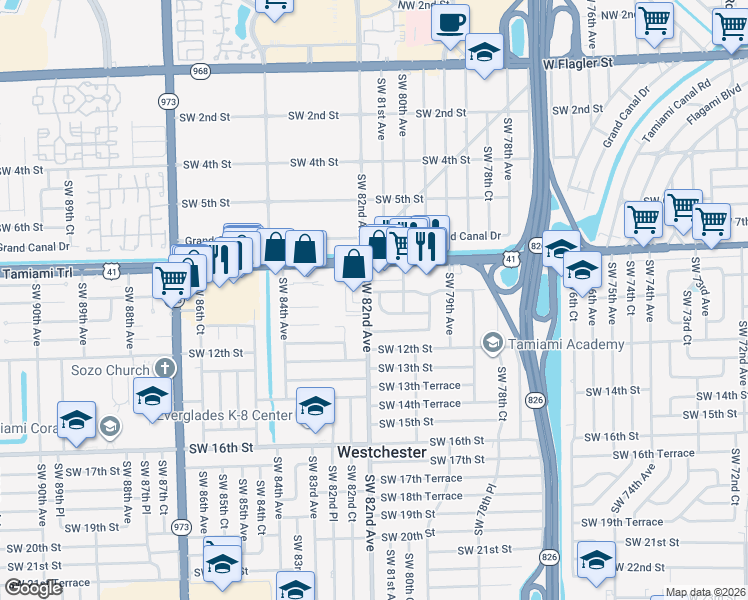 map of restaurants, bars, coffee shops, grocery stores, and more near 923 Southwest 82nd Avenue in Miami