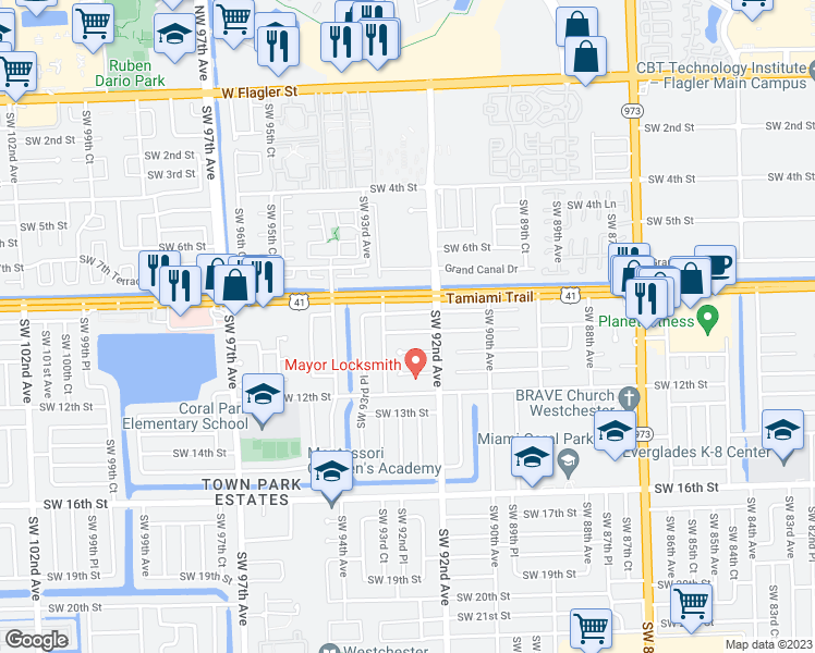 map of restaurants, bars, coffee shops, grocery stores, and more near 9274 Southwest 8th Terrace in Miami
