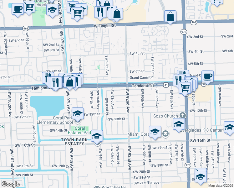 map of restaurants, bars, coffee shops, grocery stores, and more near 9274 Southwest 8th Terrace in Miami