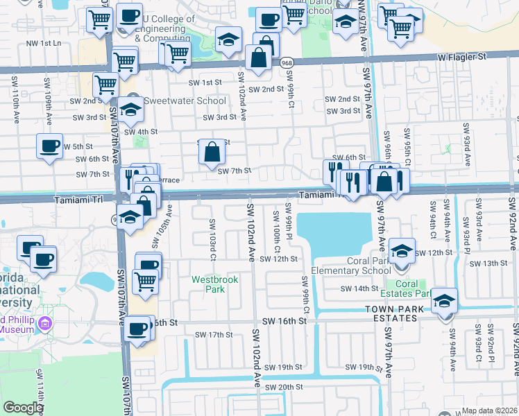 map of restaurants, bars, coffee shops, grocery stores, and more near 10101 Southwest 8th Terrace in Miami