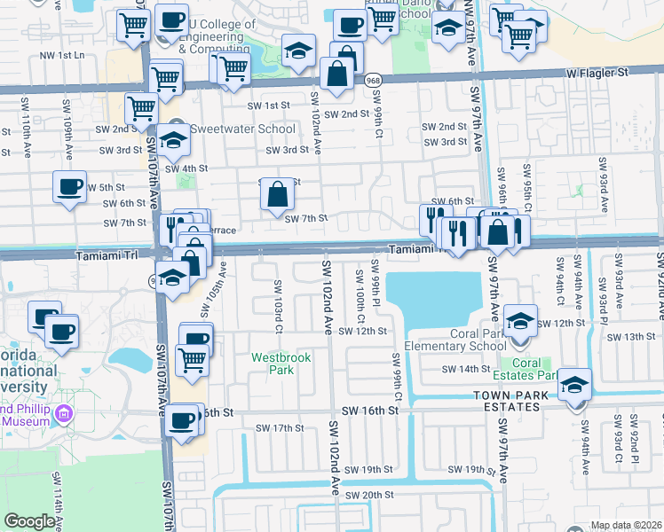 map of restaurants, bars, coffee shops, grocery stores, and more near 10101 Southwest 8th Terrace in Miami