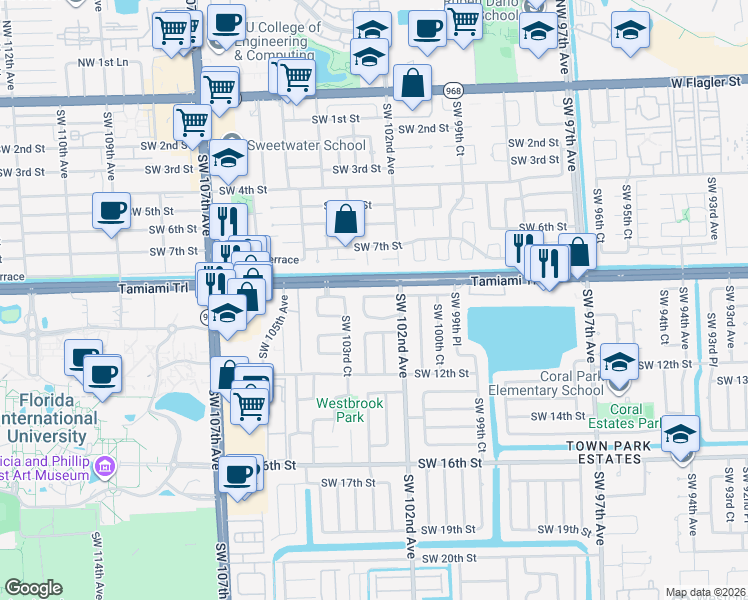 map of restaurants, bars, coffee shops, grocery stores, and more near 10225 Southwest 8th Terrace in Miami