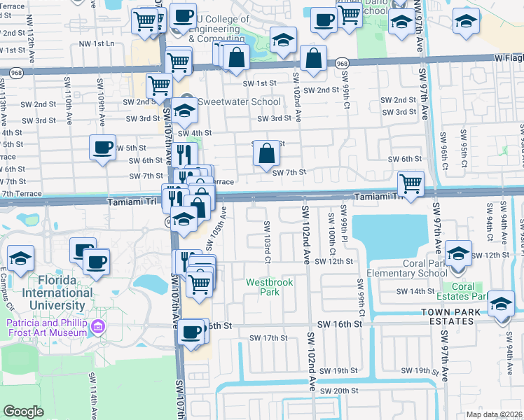 map of restaurants, bars, coffee shops, grocery stores, and more near 821 Southwest 103rd Court in Miami