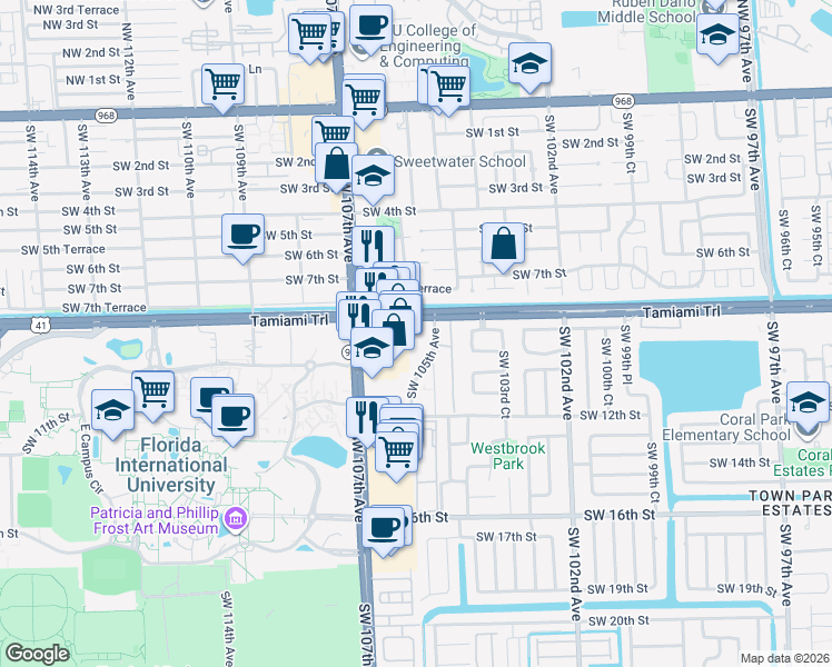 map of restaurants, bars, coffee shops, grocery stores, and more near 810 Southwest 105th Avenue in Miami