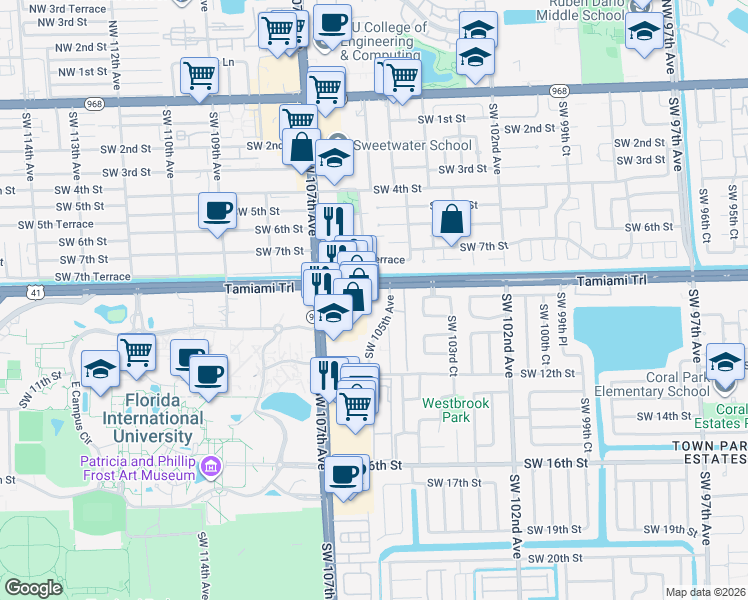 map of restaurants, bars, coffee shops, grocery stores, and more near 810 Southwest 105th Avenue in Miami