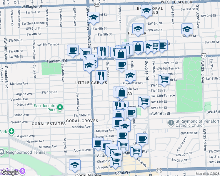 map of restaurants, bars, coffee shops, grocery stores, and more near 234 Phoenetia Avenue in Coral Gables