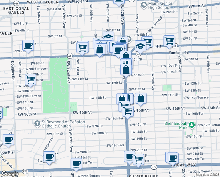 map of restaurants, bars, coffee shops, grocery stores, and more near 1202 Southwest 29th Avenue in Miami